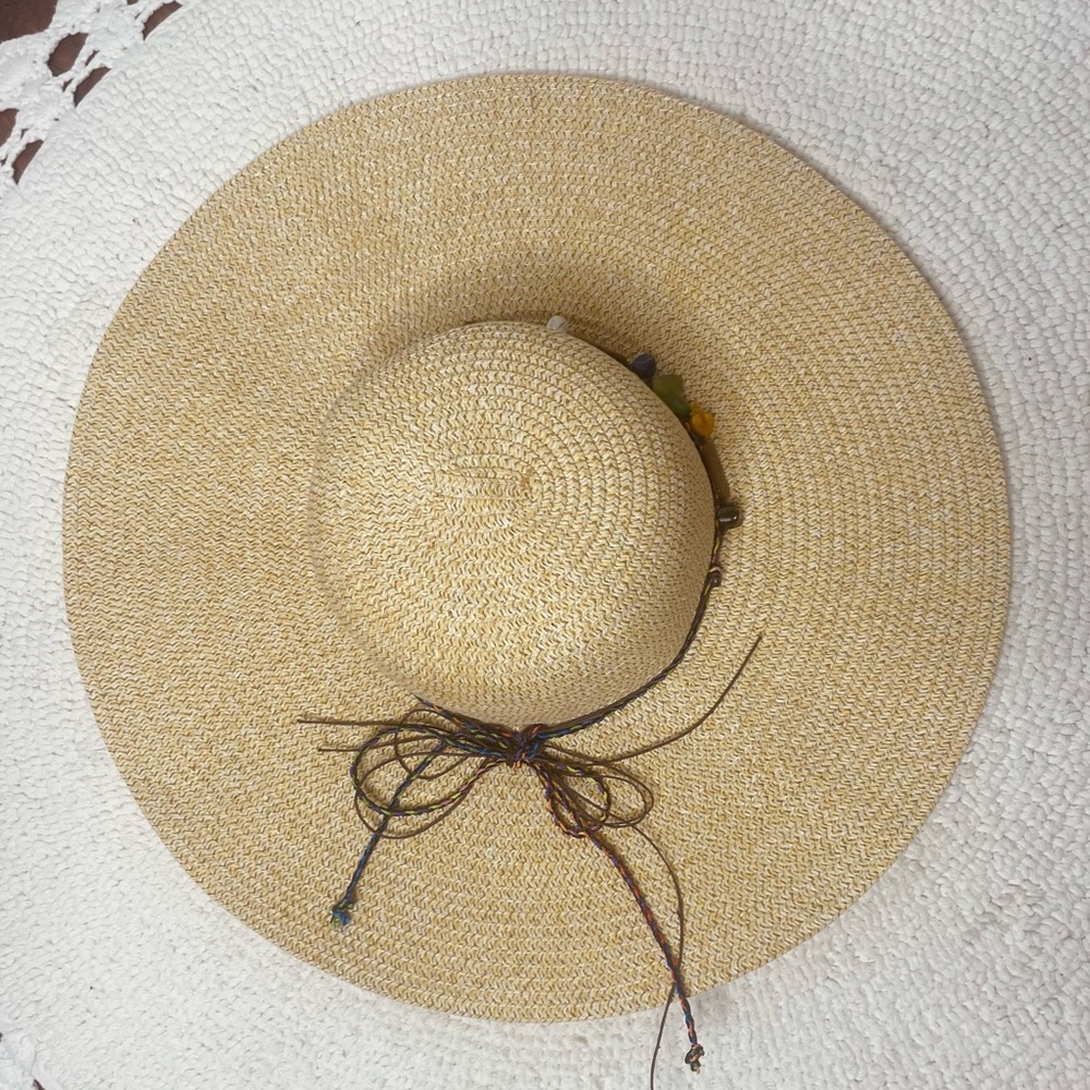 Bohemian Large straw hat with beading detailing with chin strap and bow tie - Picture 12 of 15